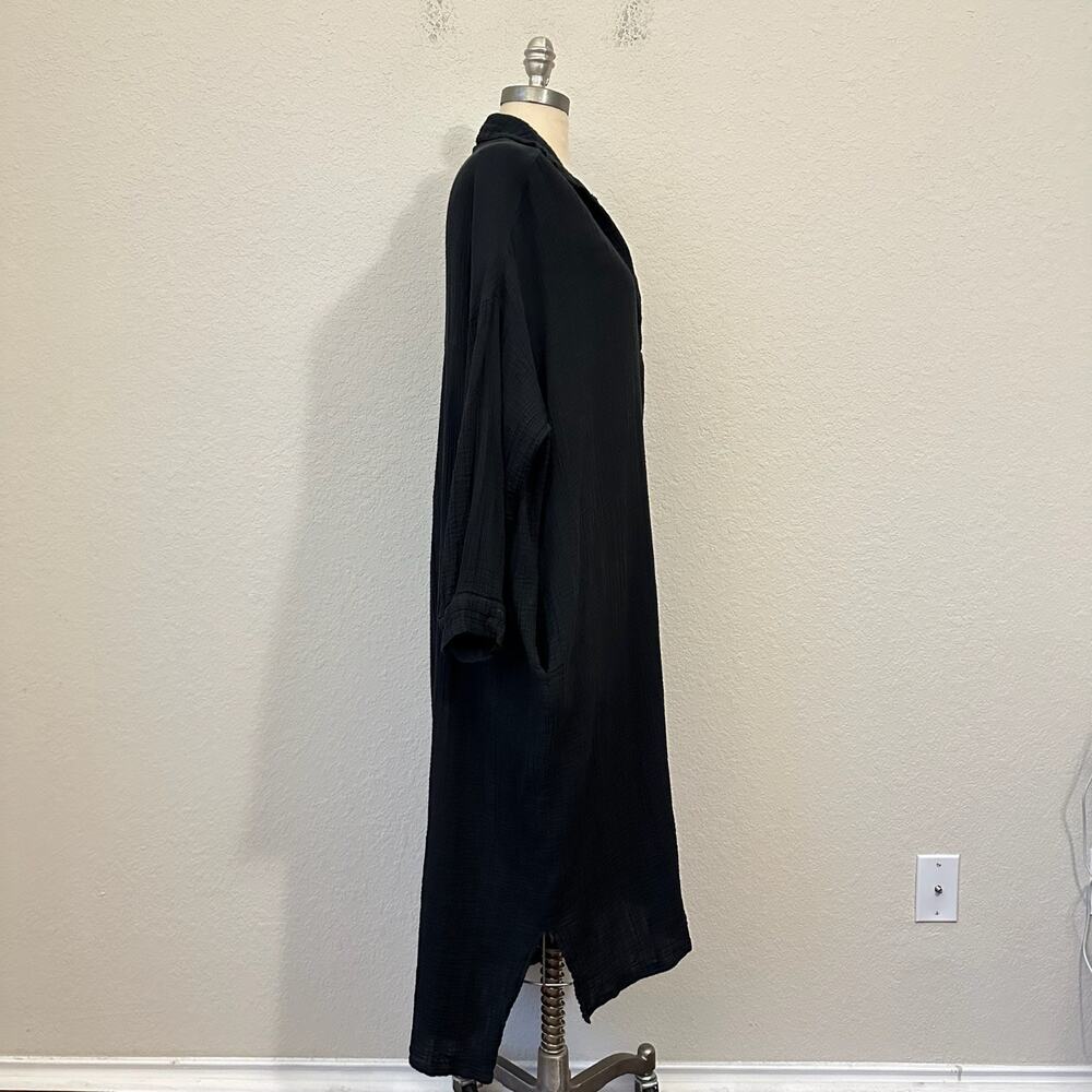 LAUDE THE LABEL Midi Dress Black Gauze Cotton Long Sleeve Seersucker - Picture 6 of 11